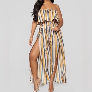 Fashion Nova Monique Striped Jumpsuit Mustard Blue M